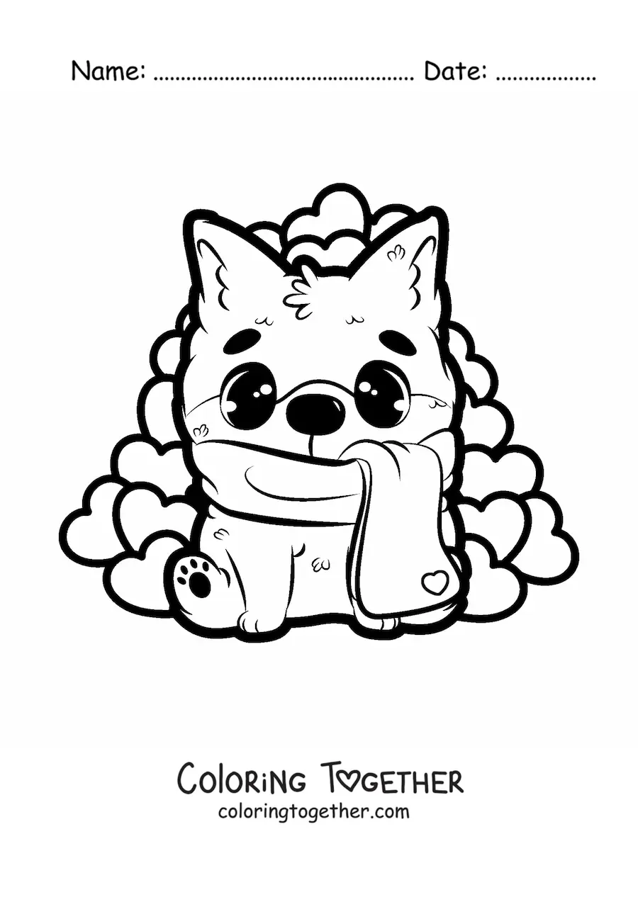 Coloring page of a kawaii dog sitting with hearts