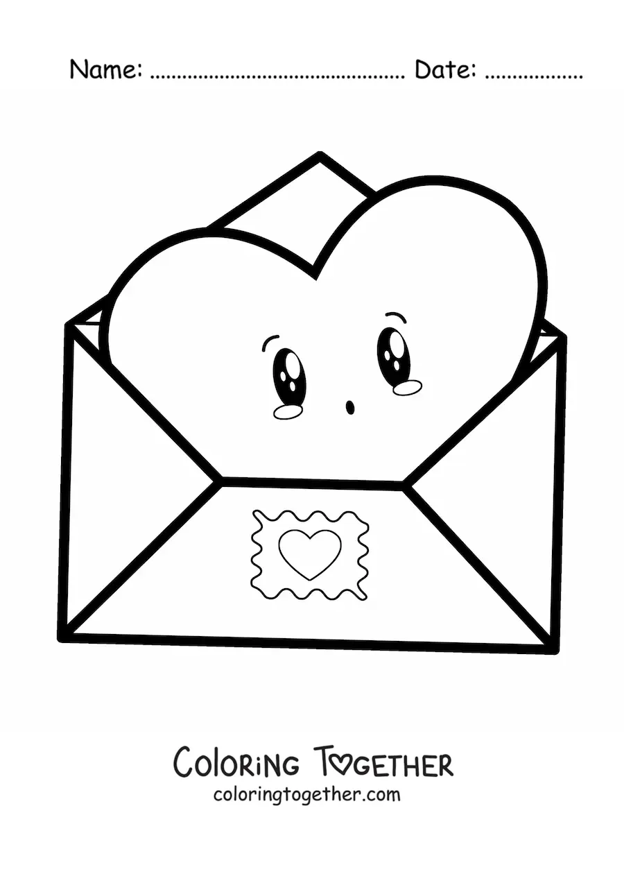 Coloring page of an animated kawaii love letter