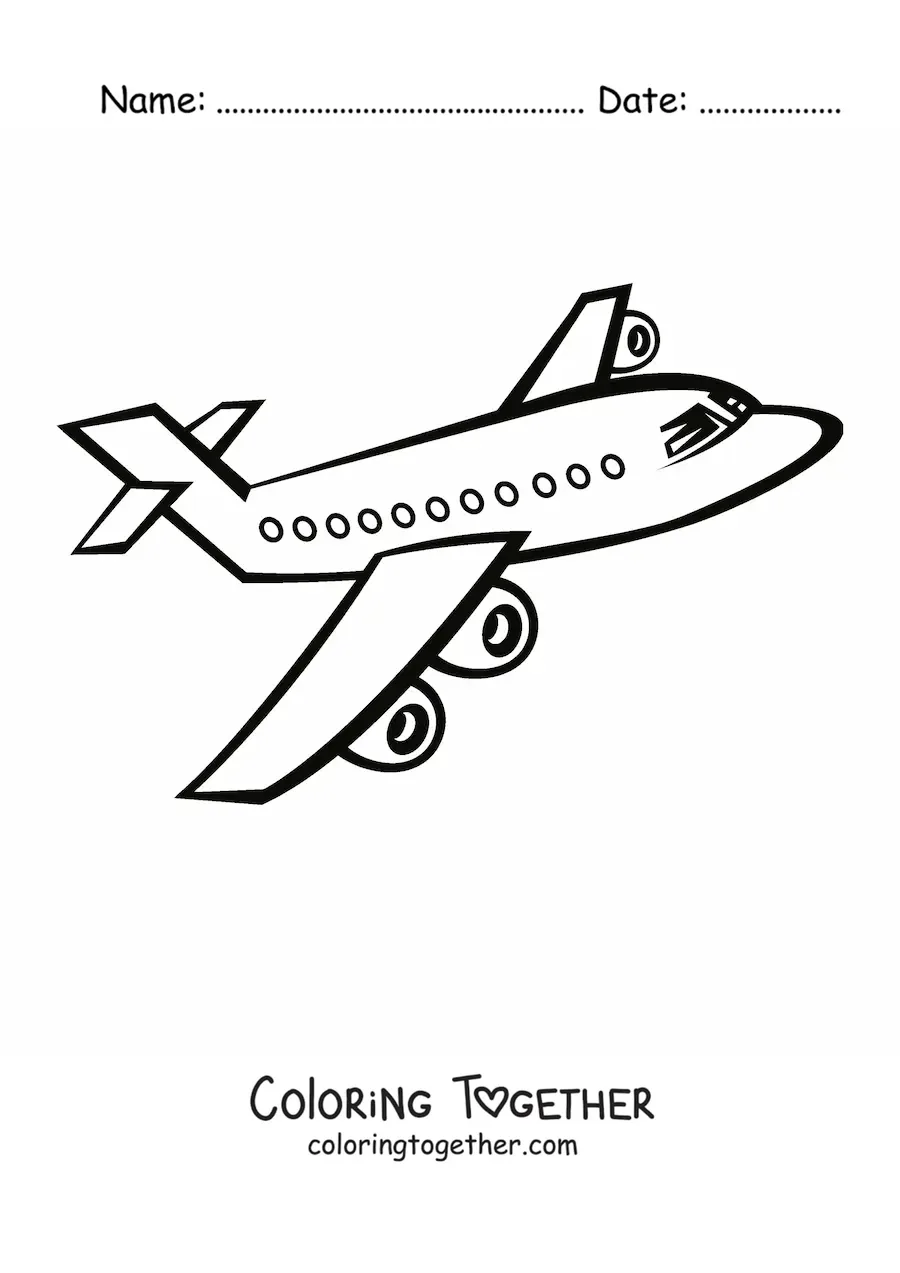 Coloring page of a commercial airplane flying sideways