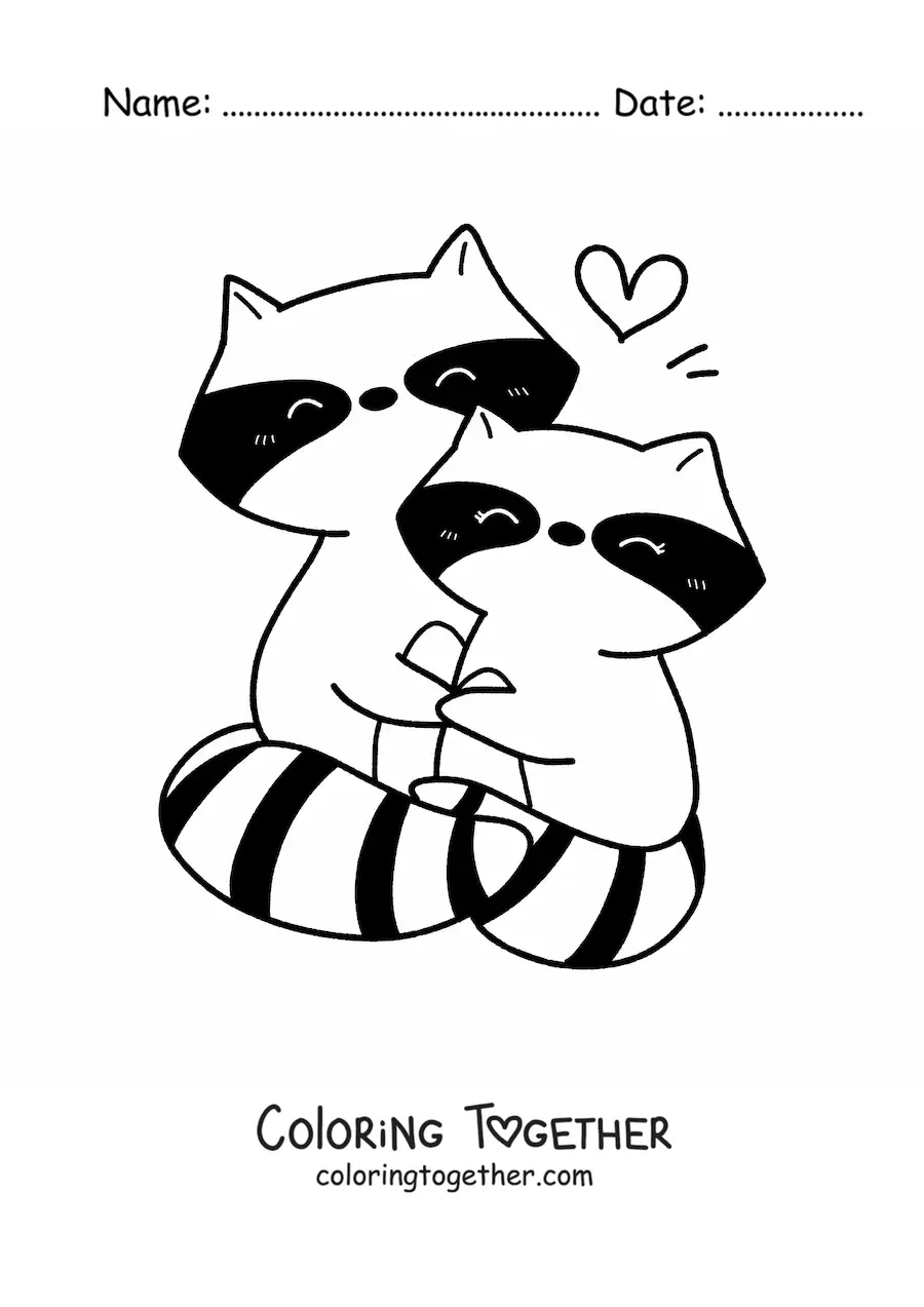 Coloring page of a pair of kawaii raccoons