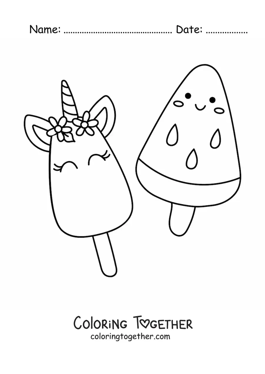 Coloring page of a kawaii unicorn popsicle with a kawaii watermelon popsicle