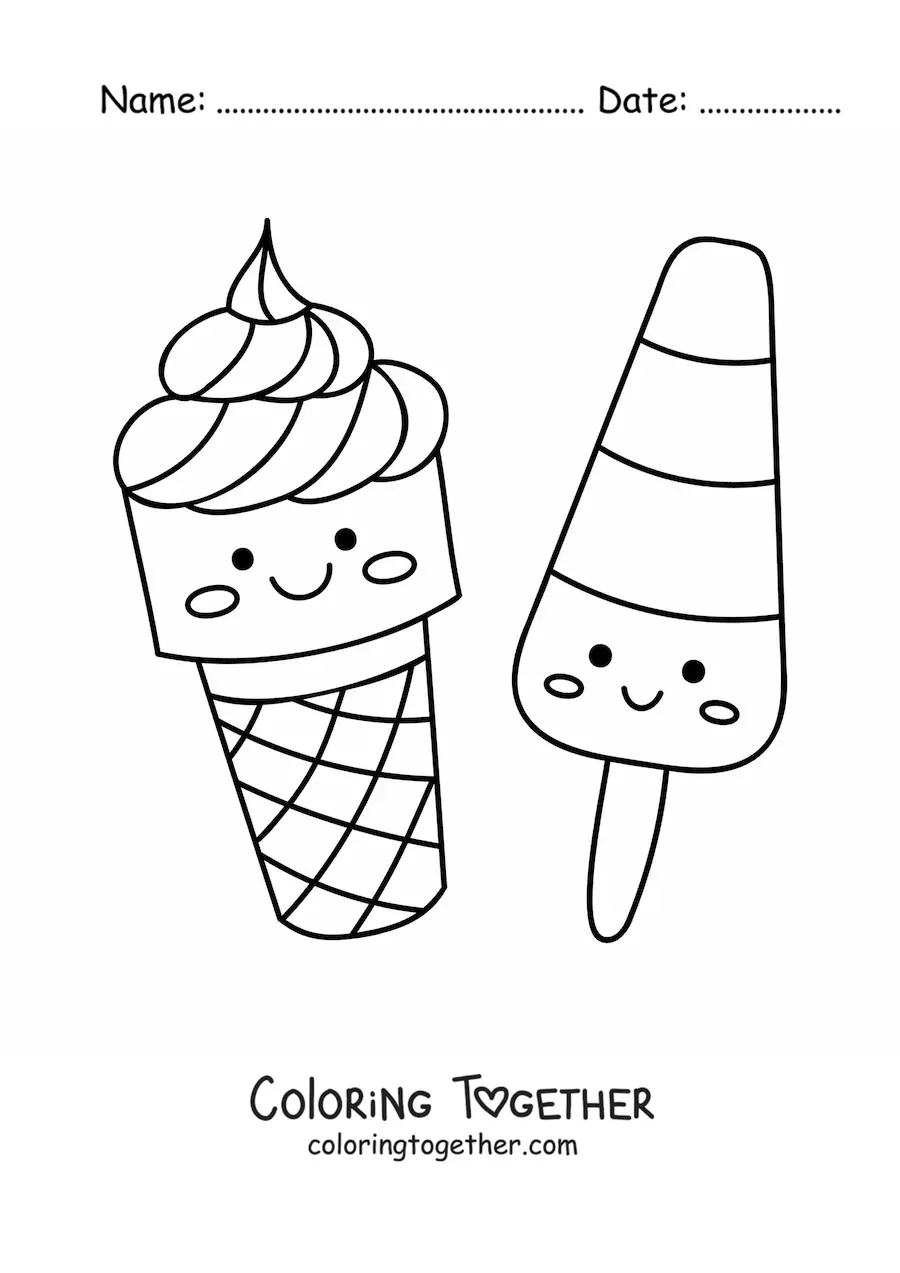 Coloring page of a kawaii ice cream cone and a kawaii popsicle