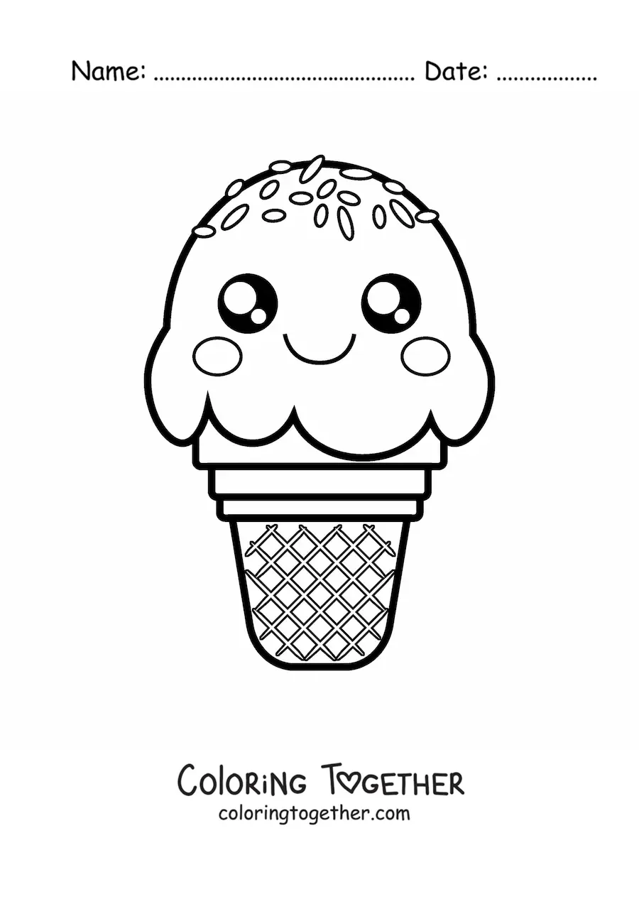 Coloring page of a kawaii ice cream cone with colorful sprinkles
