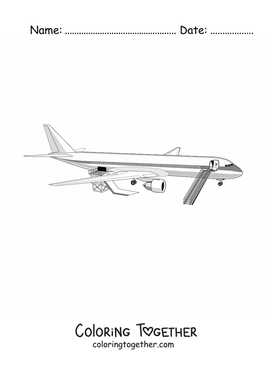 Coloring page of a commercial airplane still on the ground