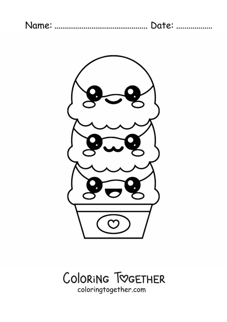 Coloring page of a large kawaii three-scoop ice cream