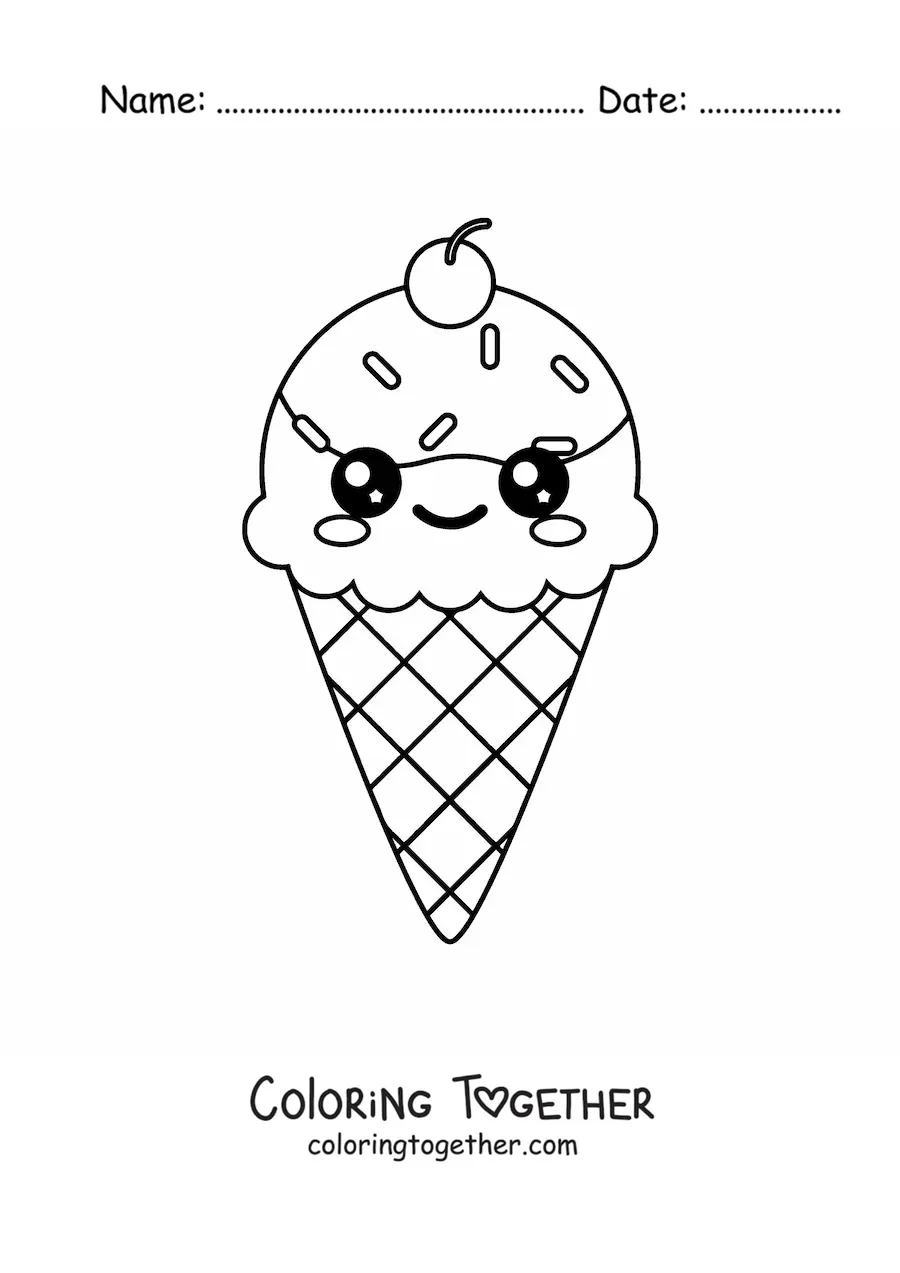 Coloring page of an easy kawaii ice cream cone