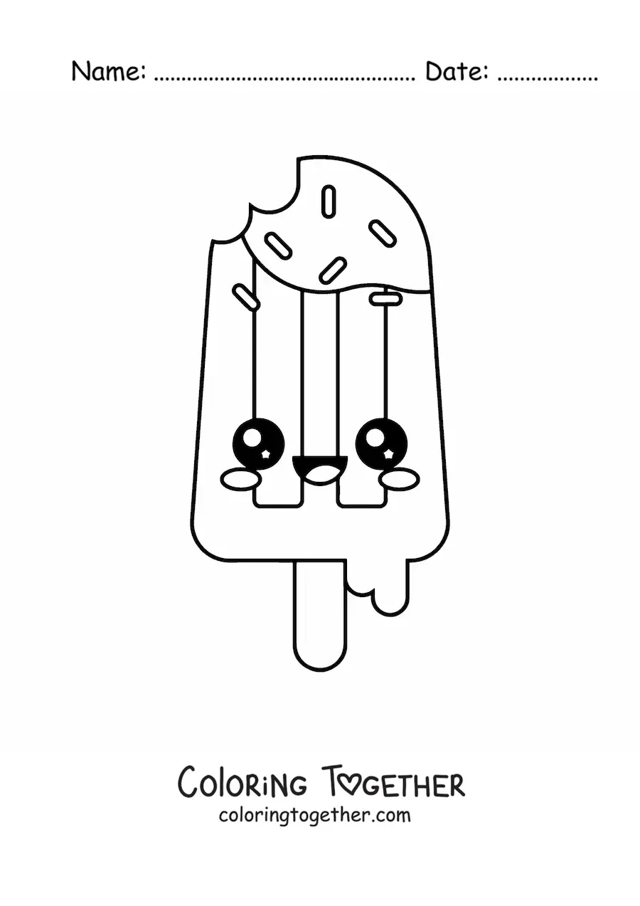 Coloring page of a bitten kawaii ice cream popsicle