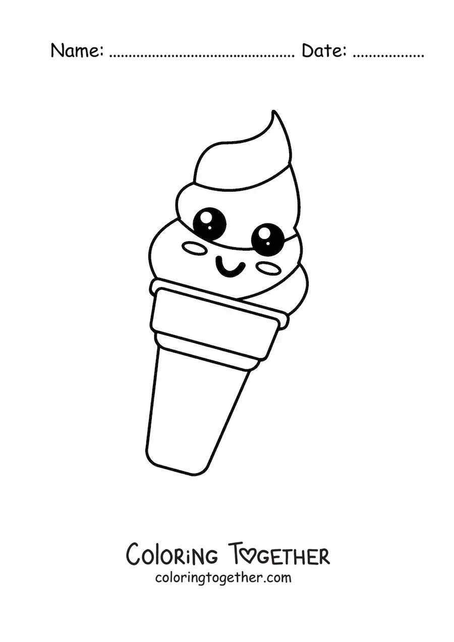 Coloring page of a large kawaii ice cream cone