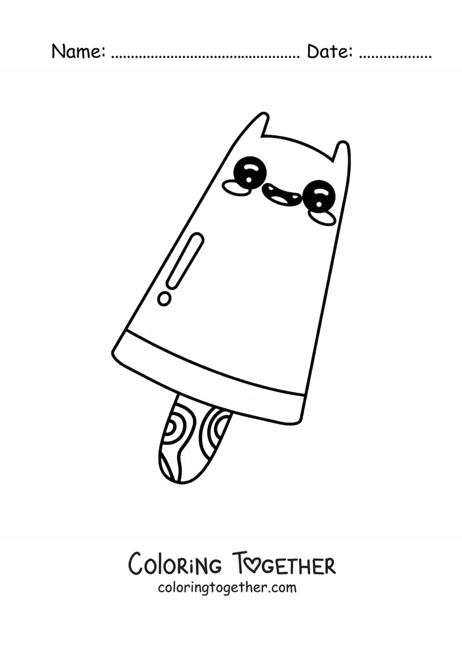 Coloring page of a cat-shaped kawaii ice cream popsicle
