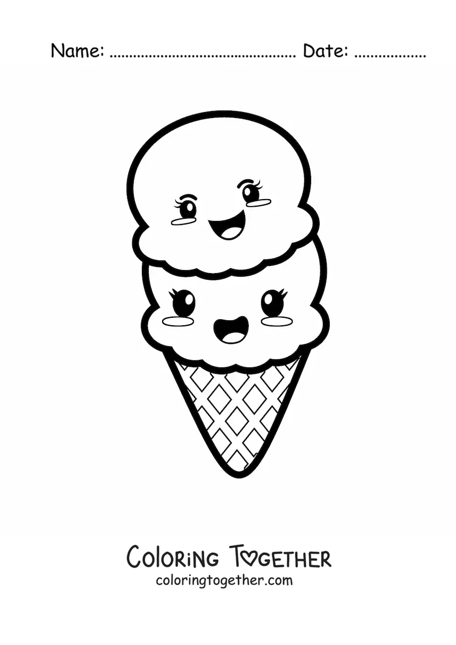 Coloring page of a cute kawaii ice cream cone