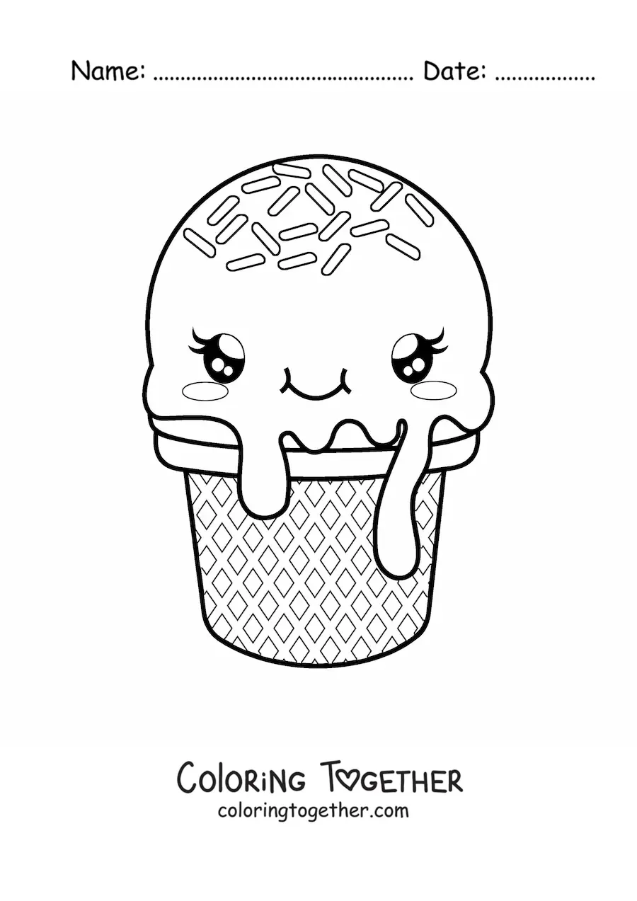 Coloring page of a cute animated kawaii ice cream cone