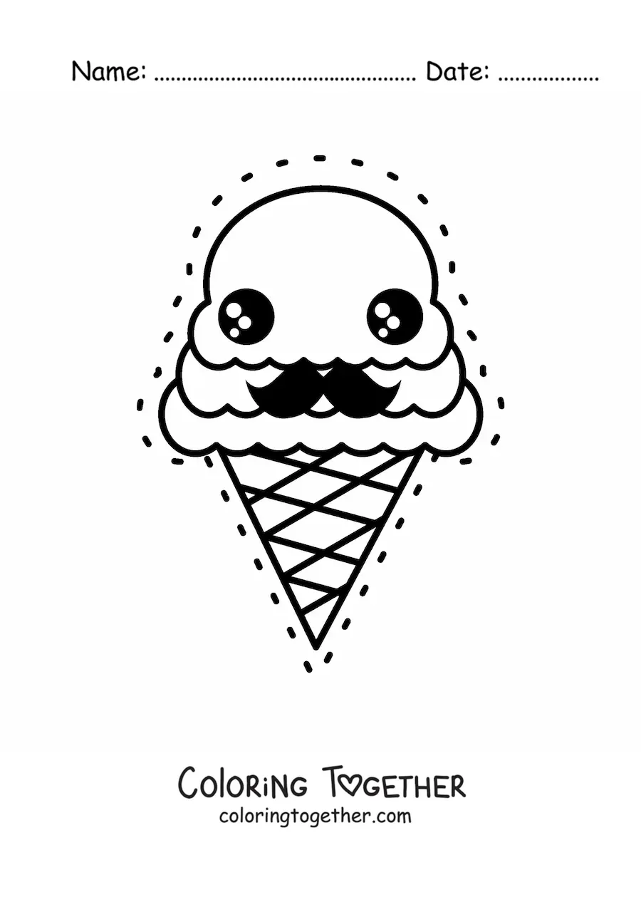 Coloring page of a cute kawaii ice cream cone with a mustache