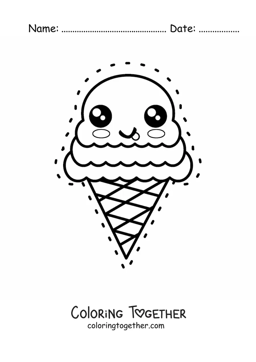 Coloring page of a large cute kawaii ice cream cone