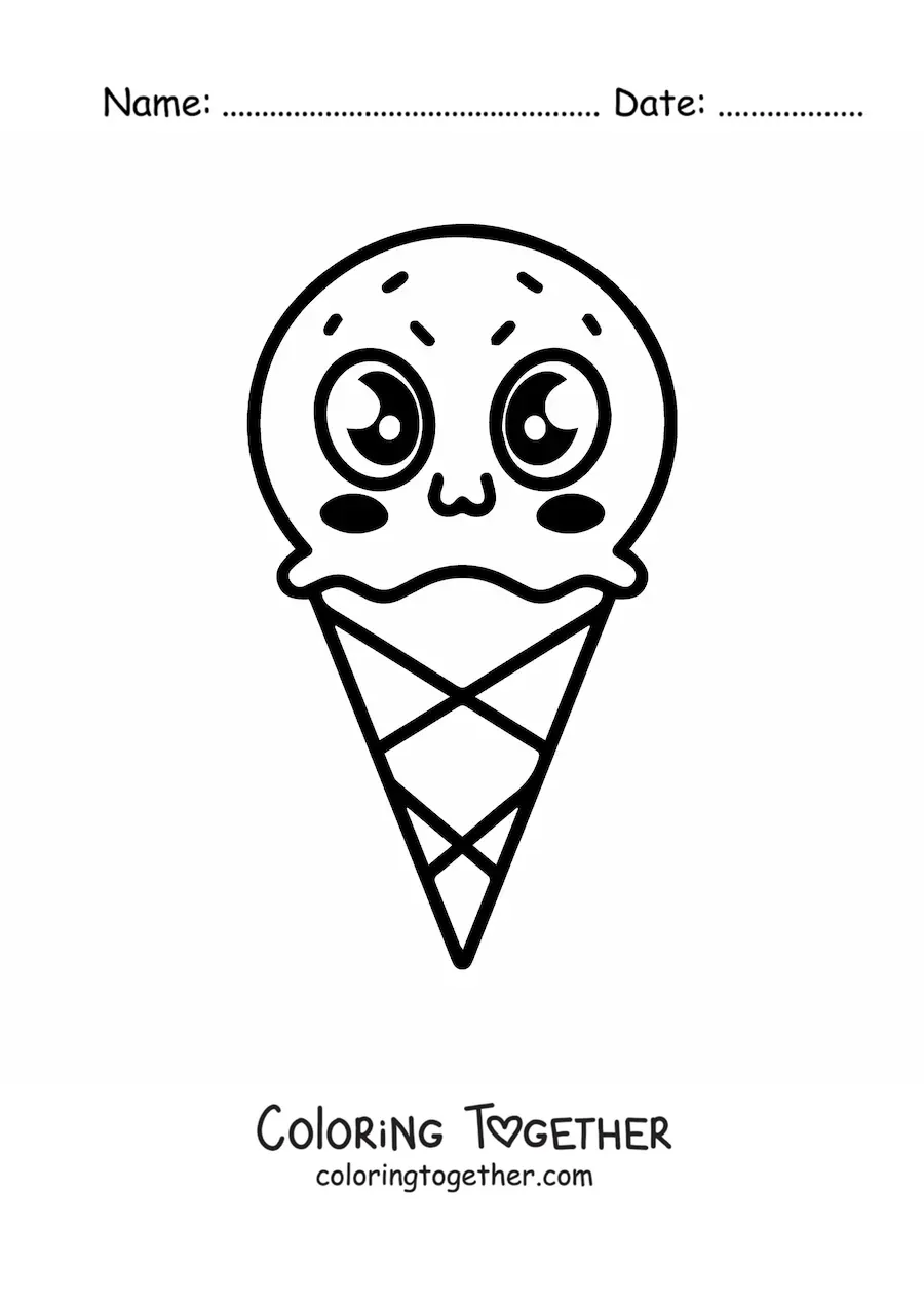 Coloring page of a kawaii ice cream cone with big eyes