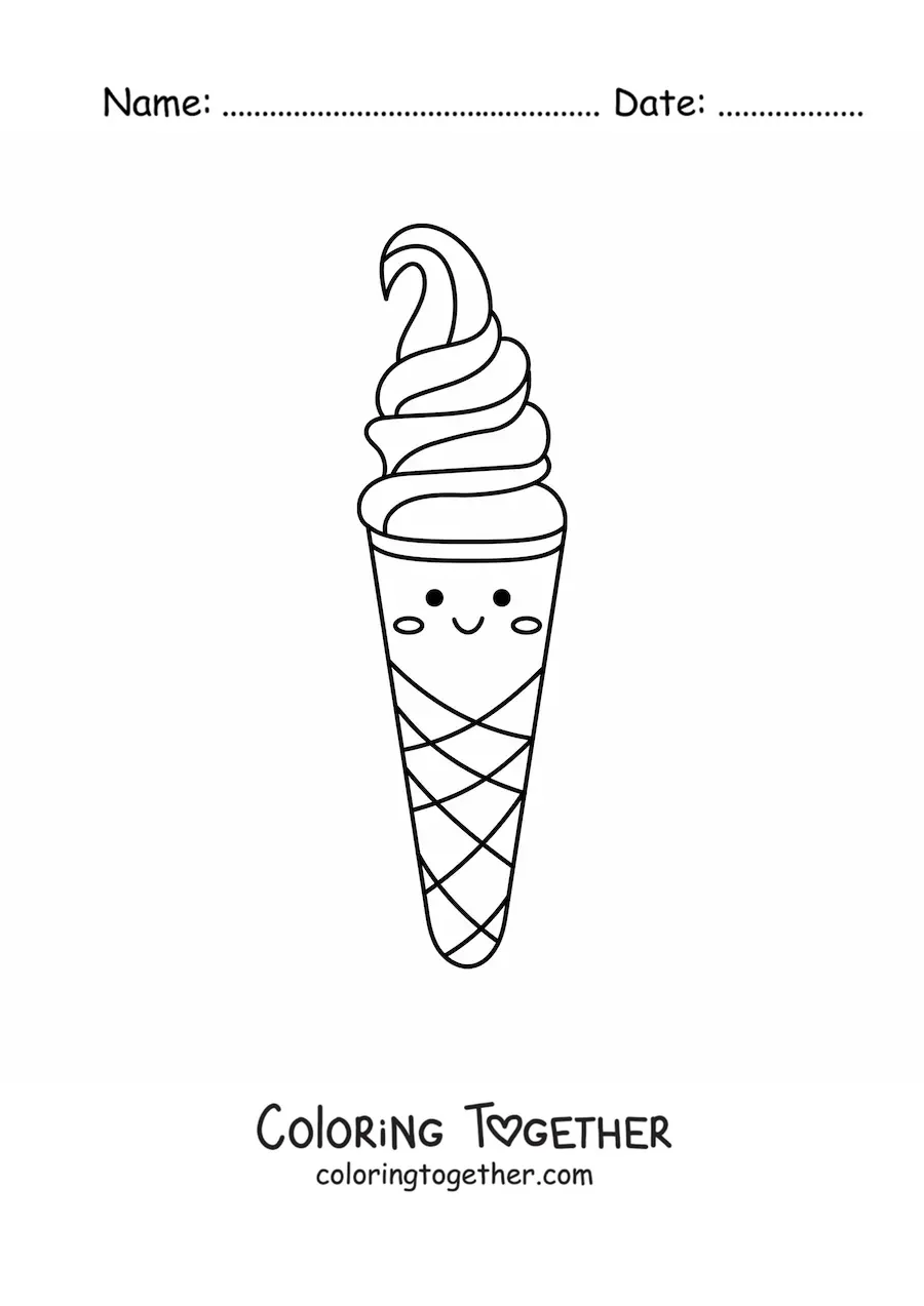 Coloring page of an easy kawaii cone ice cream
