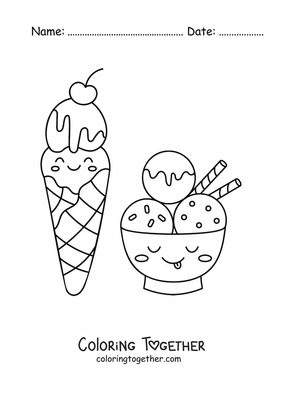Coloring page of a kawaii ice cream cone next to a kawaii ice cream sundae