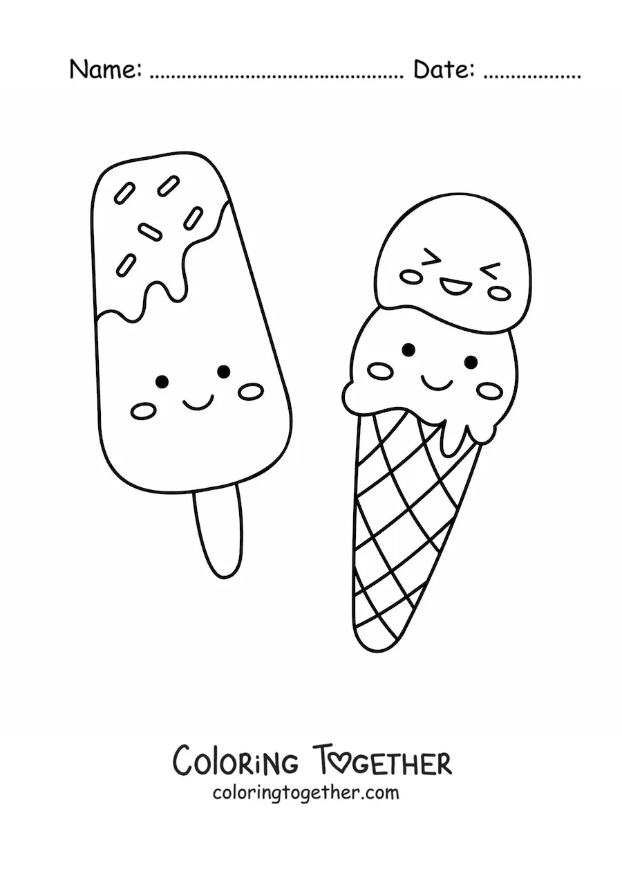 Coloring page of a kawaii two-scoop popsicle and ice cream cone