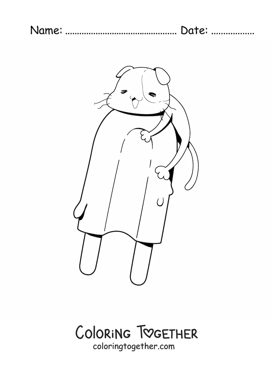 Coloring page of an animated kitten on a melting kawaii popsicle