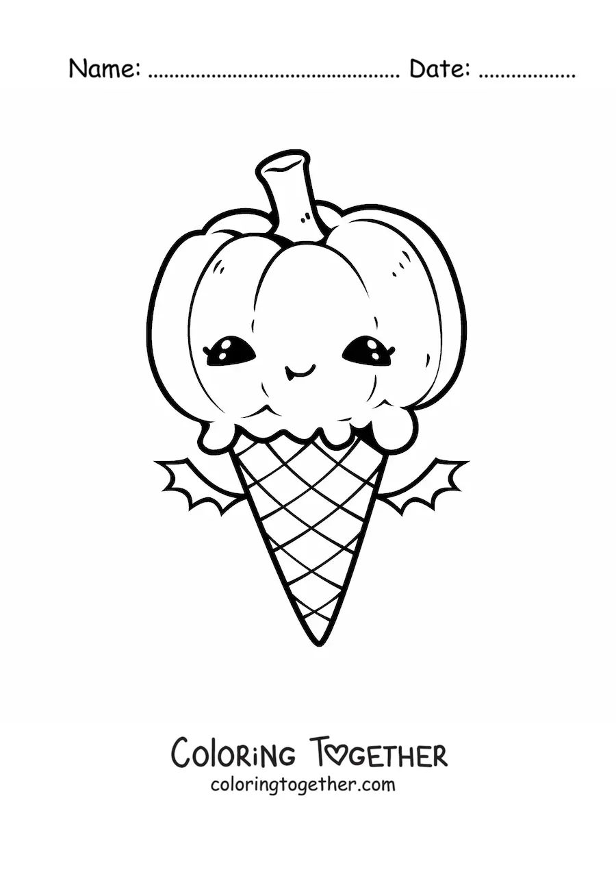 Coloring page of a kawaii Halloween pumpkin ice cream cone