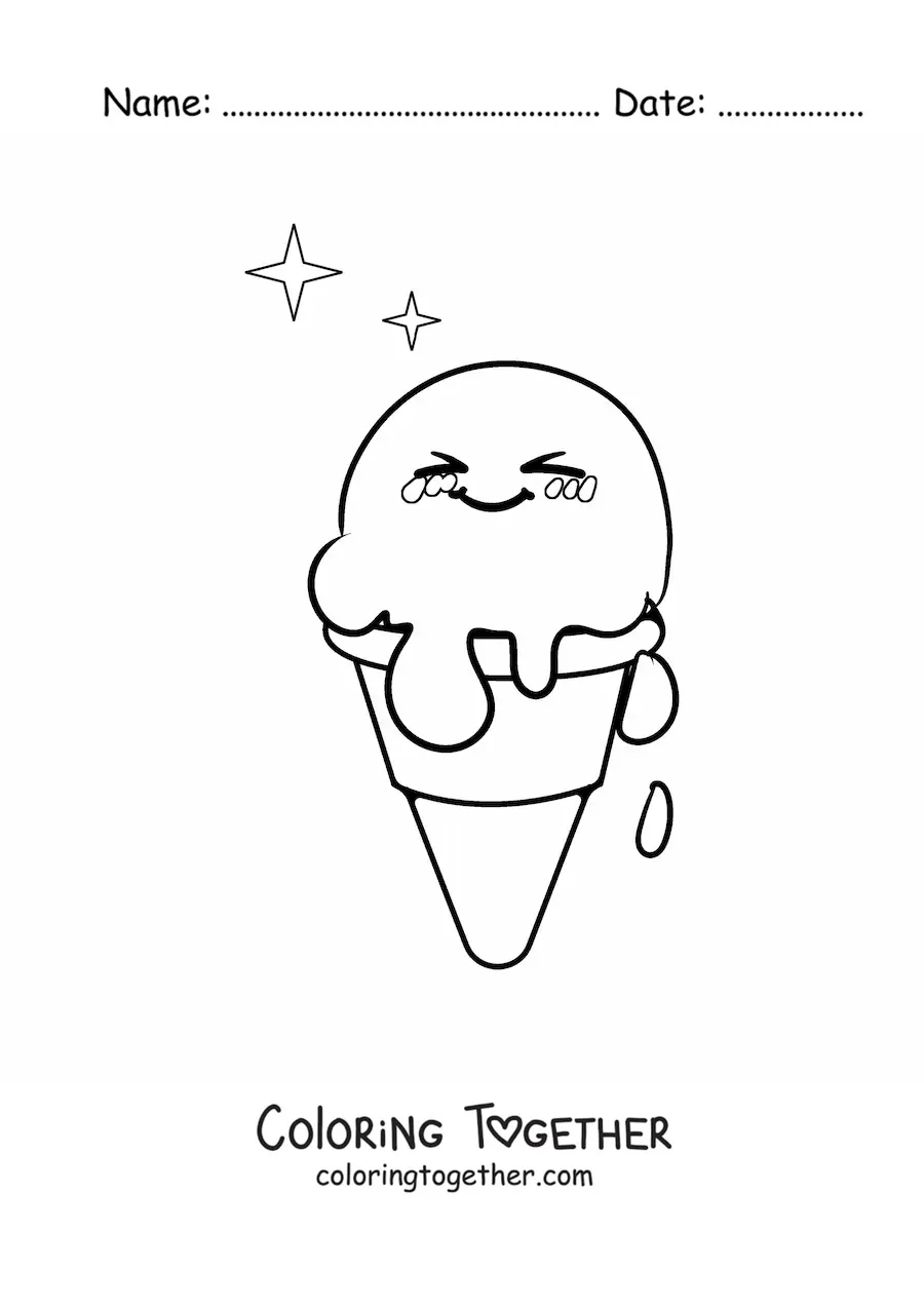 Coloring page of a melting kawaii ice cream cone