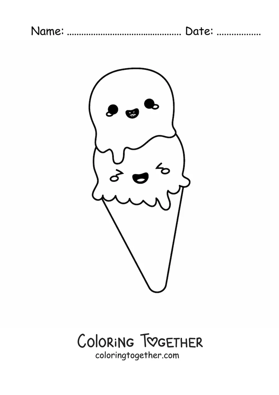 Coloring page of an easy animated kawaii ice cream cone