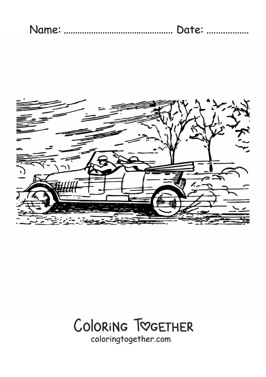 Coloring page of a car at full speed with trees in the background