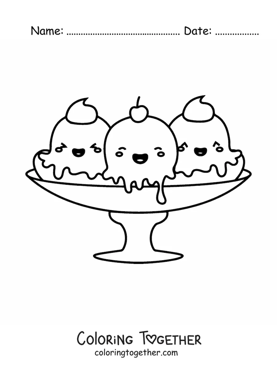 Coloring page of a kawaii banana split ice cream sundae
