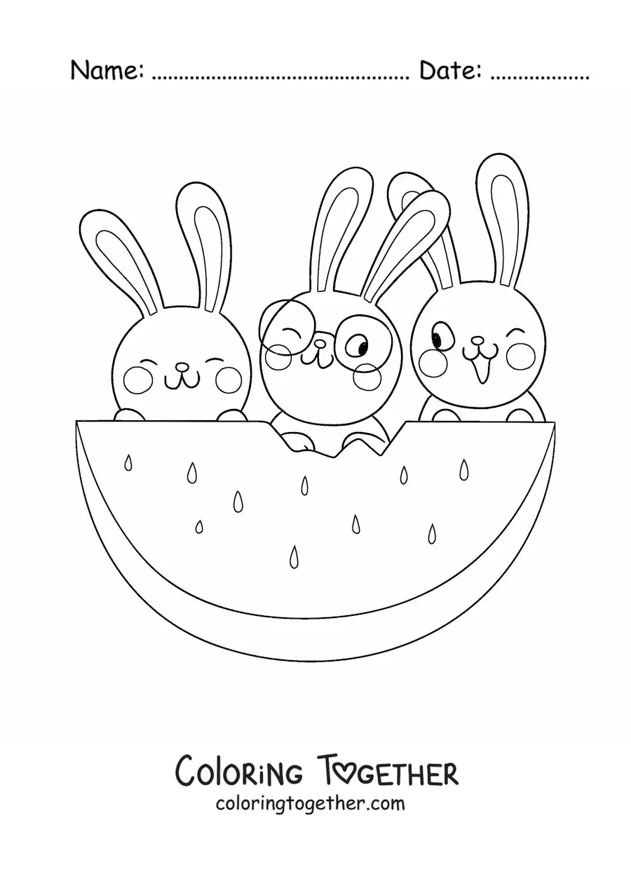Coloring page of 3 animated kawaii rabbits eating watermelon
