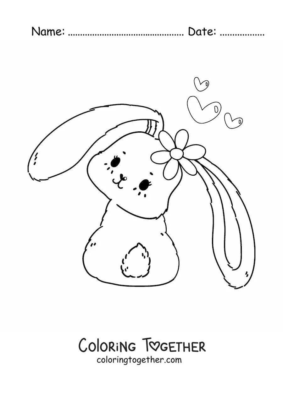 Coloring page of a cute kawaii bunny with a flower and hearts