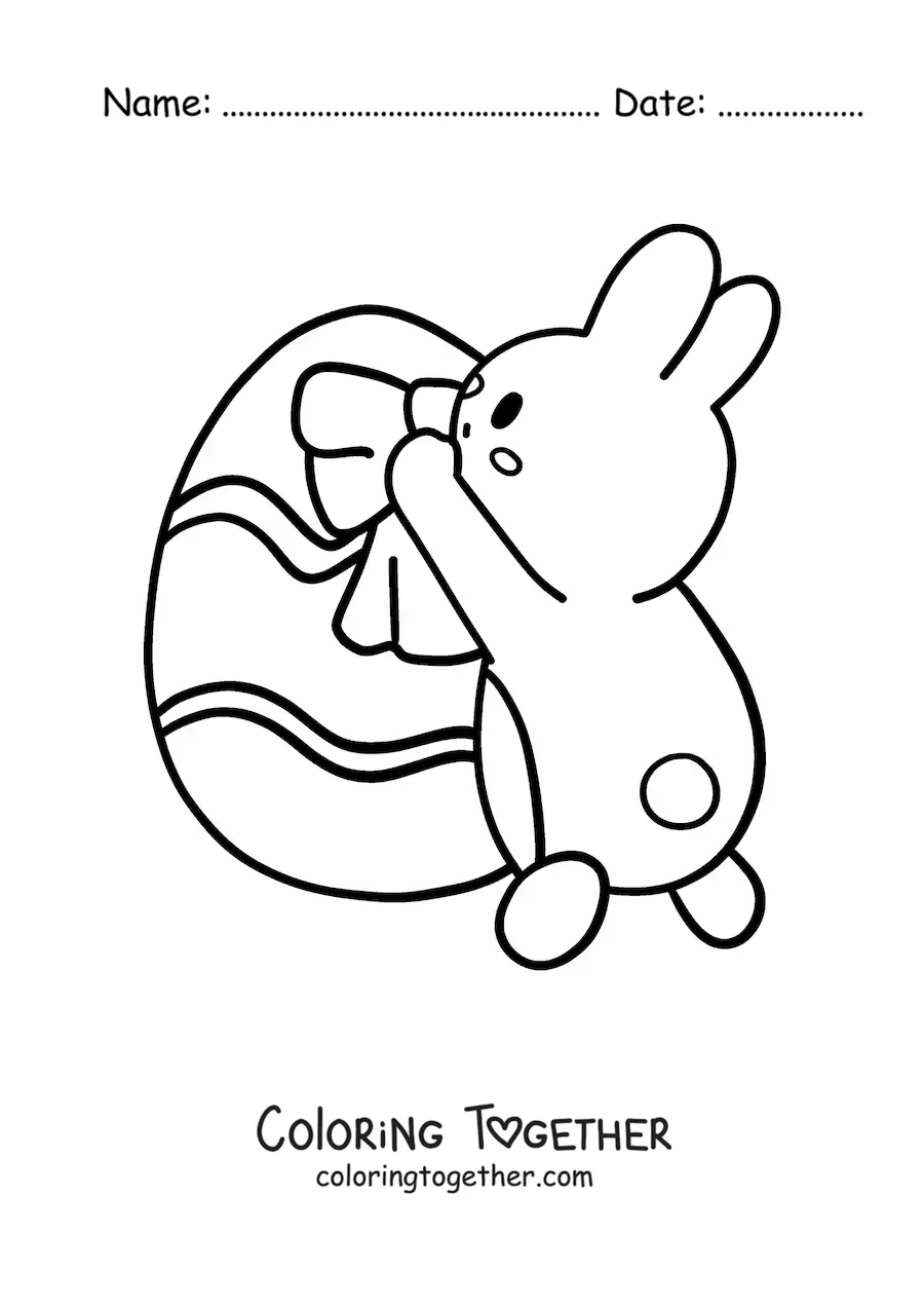 Coloring page of a kawaii Easter bunny decorating an egg