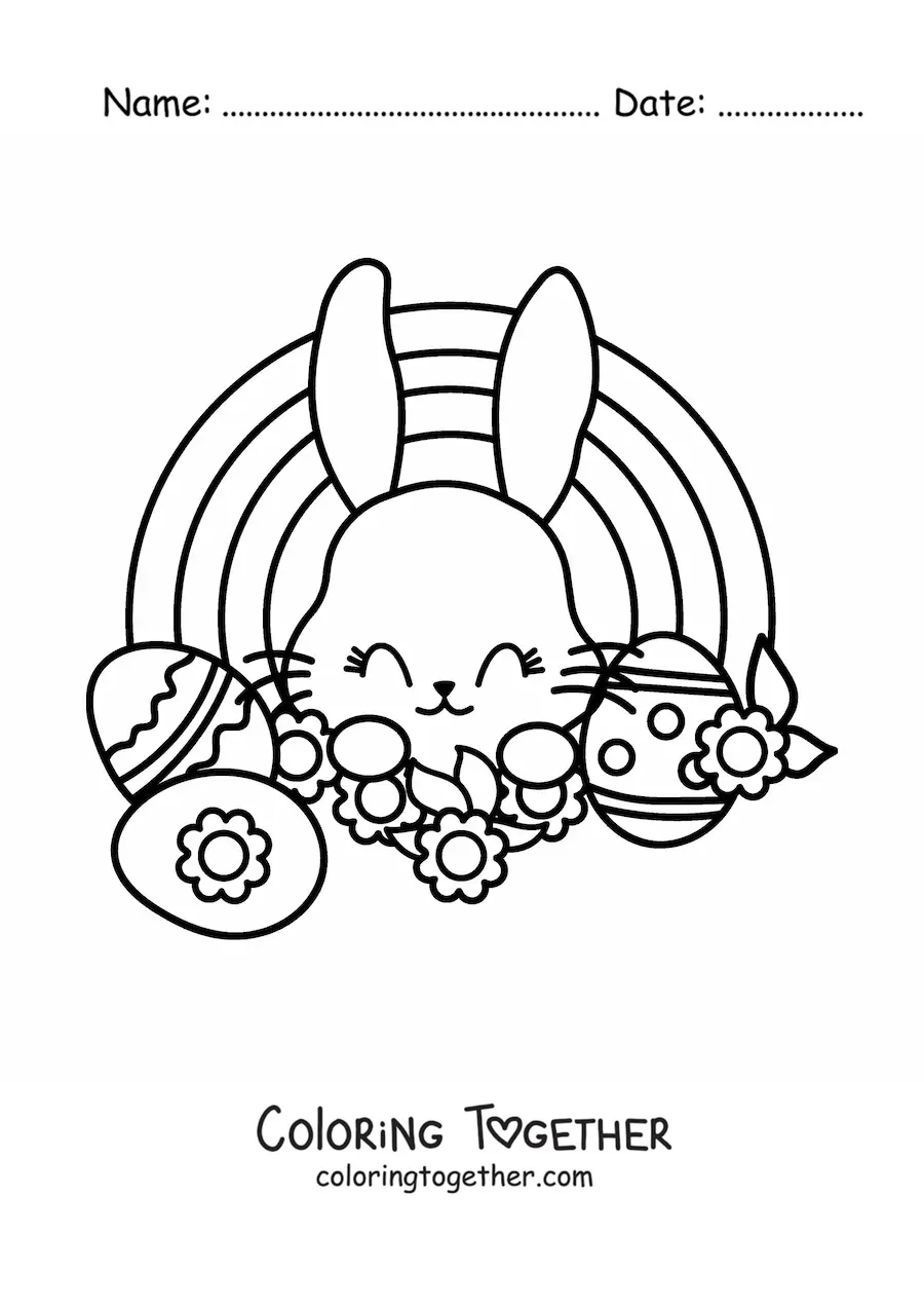 Coloring page of a kawaii bunny with Easter eggs and a rainbow