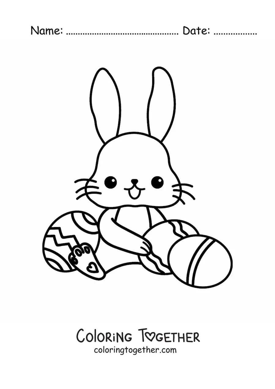 Coloring page of a kawaii bunny sitting with Easter eggs