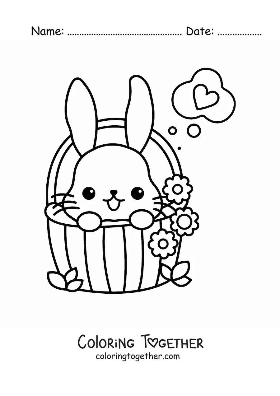 Coloring page of a kawaii bunny in a basket of flowers