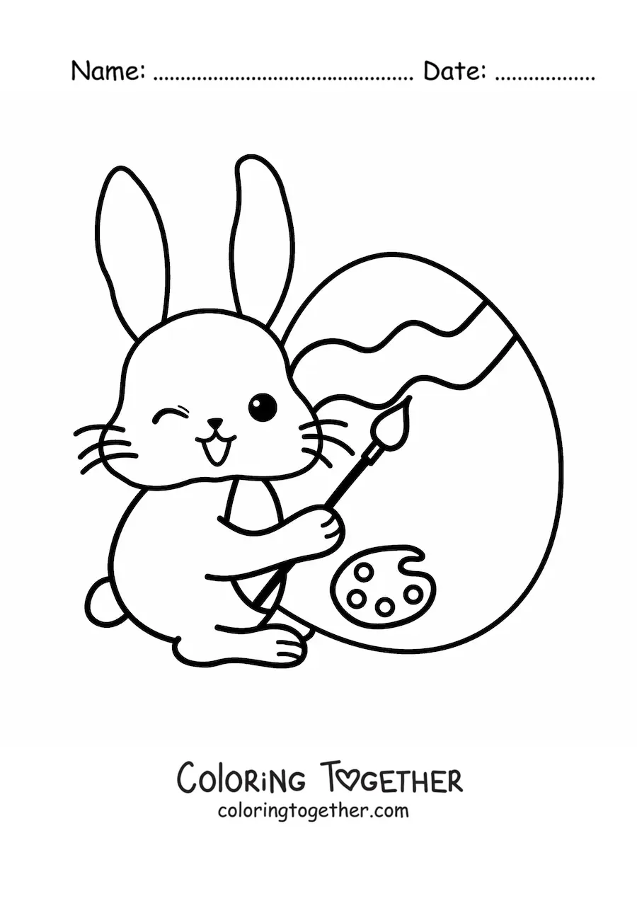 Coloring page of a kawaii bunny painting an Easter egg