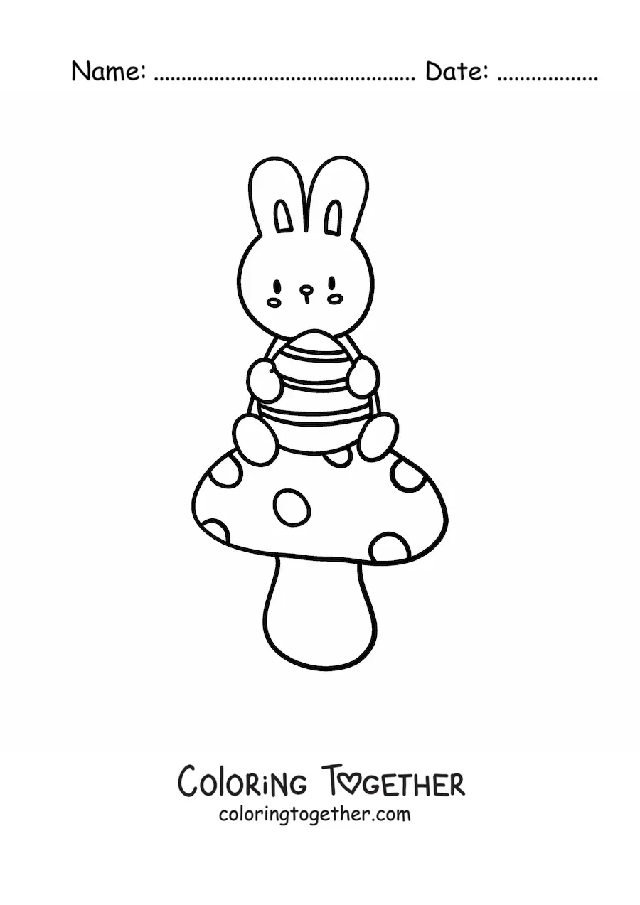 Coloring page of a kawaii rabbit sitting on a mushroom with an Easter egg