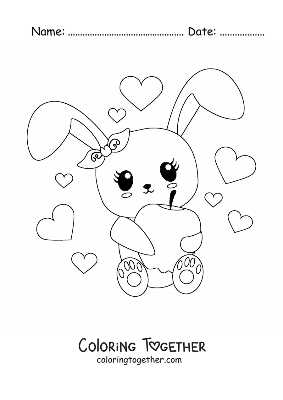 Coloring page of an animated kawaii rabbit sitting with an apple and hearts in the background