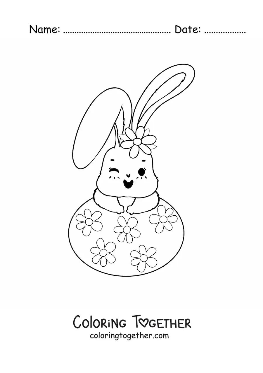 Coloring page of a cute animated bunny with an Easter egg
