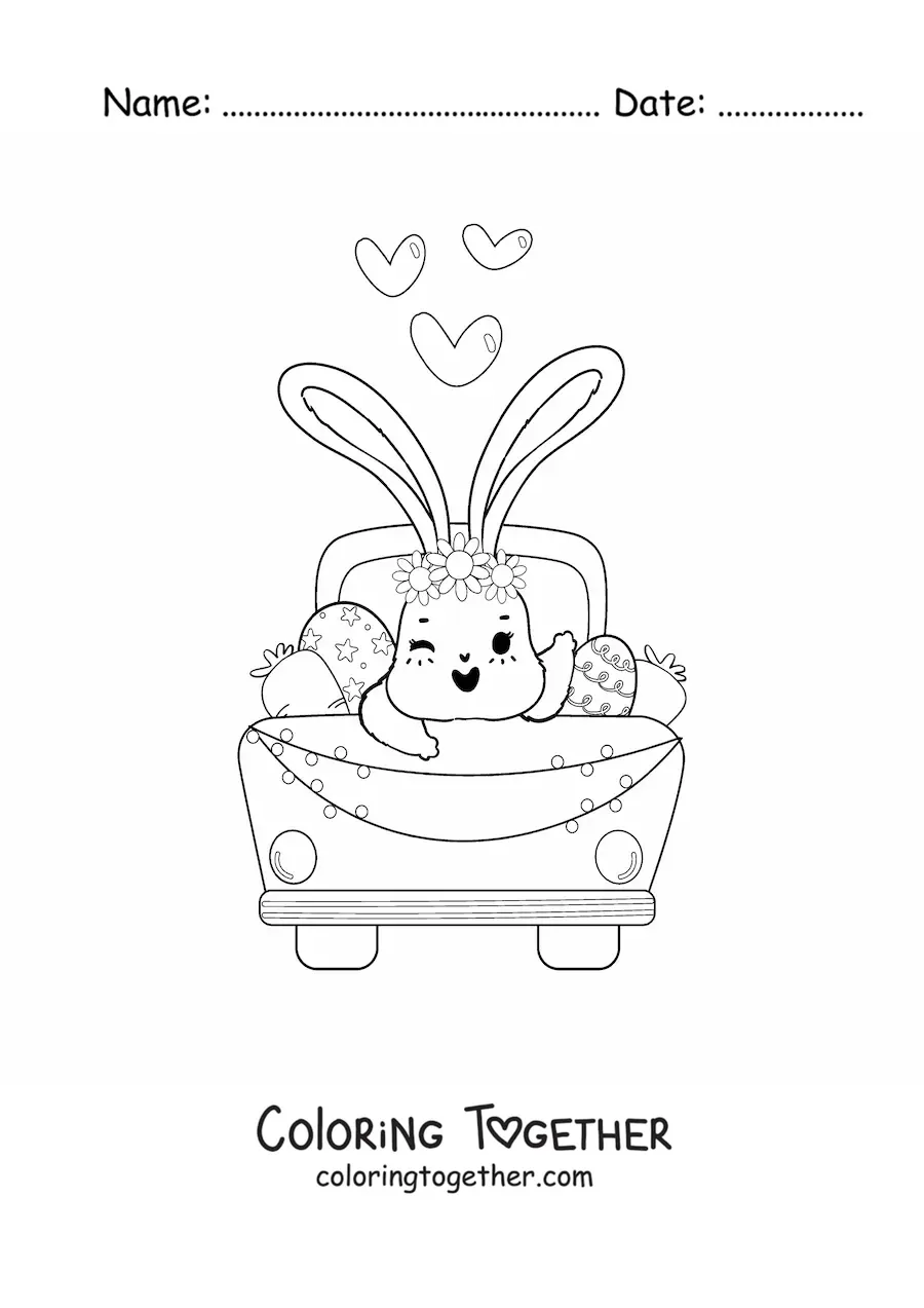 Coloring page of a cute animated bunny in a car with Easter eggs