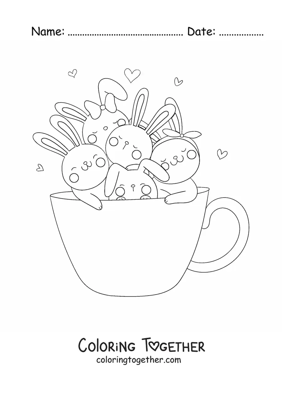 Coloring page of animated kawaii rabbits in a cup