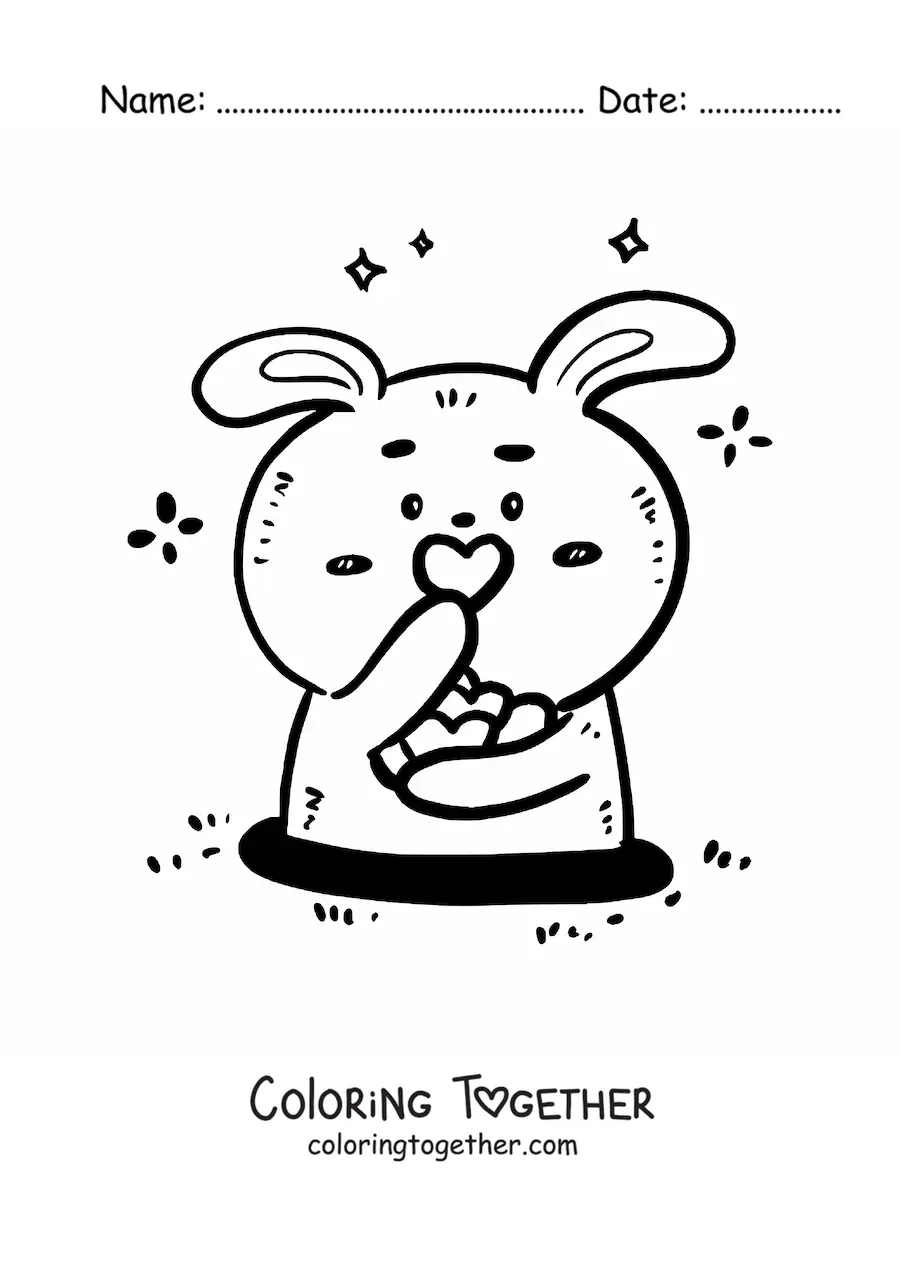Coloring page of an easy kawaii rabbit with hearts