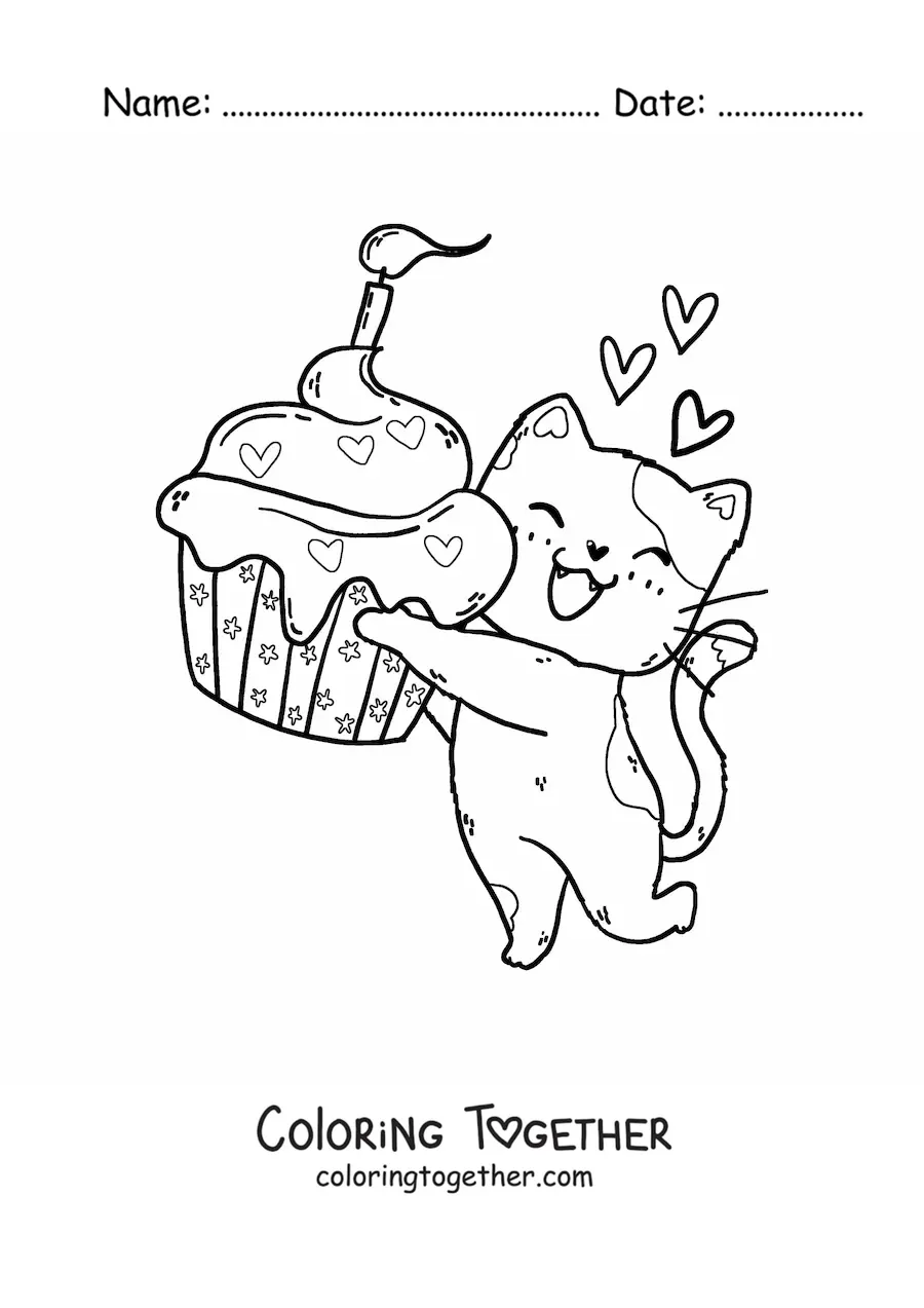 Coloring page of a kawaii kitten with a birthday cupcake