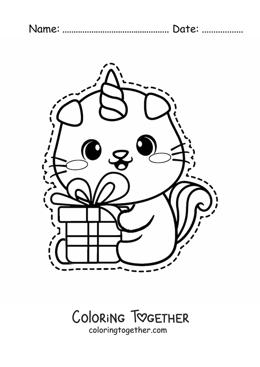 Coloring page of a kawaii caticorn with a birthday gift