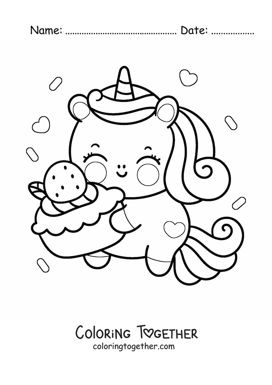 Coloring page of a kawaii unicorn with a slice of birthday cake