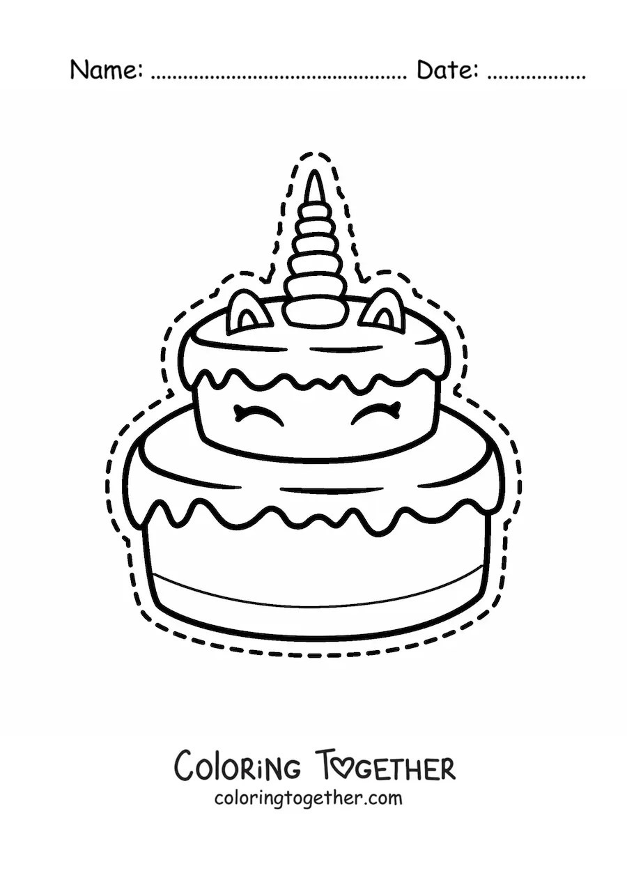 Coloring page of a large kawaii unicorn cake