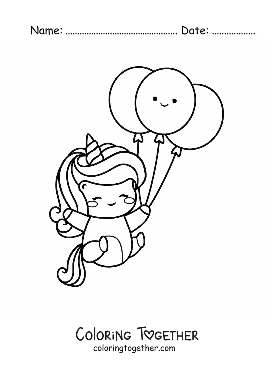 Coloring page of a kawaii unicorn with birthday balloons