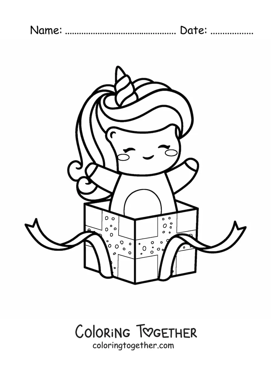 Coloring page of a kawaii unicorn in a birthday gift box