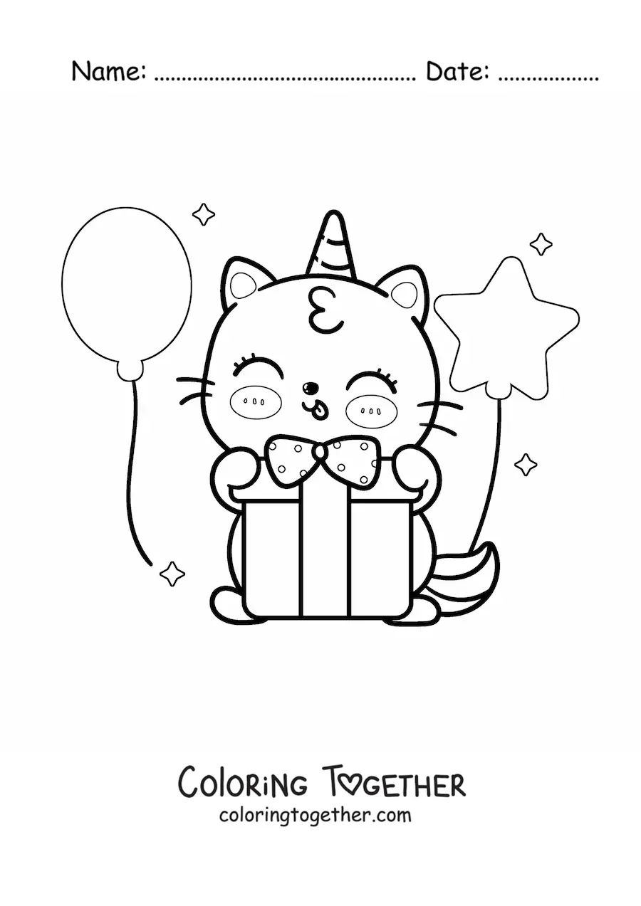 Coloring page of a kawaii caticorn opening a birthday gift