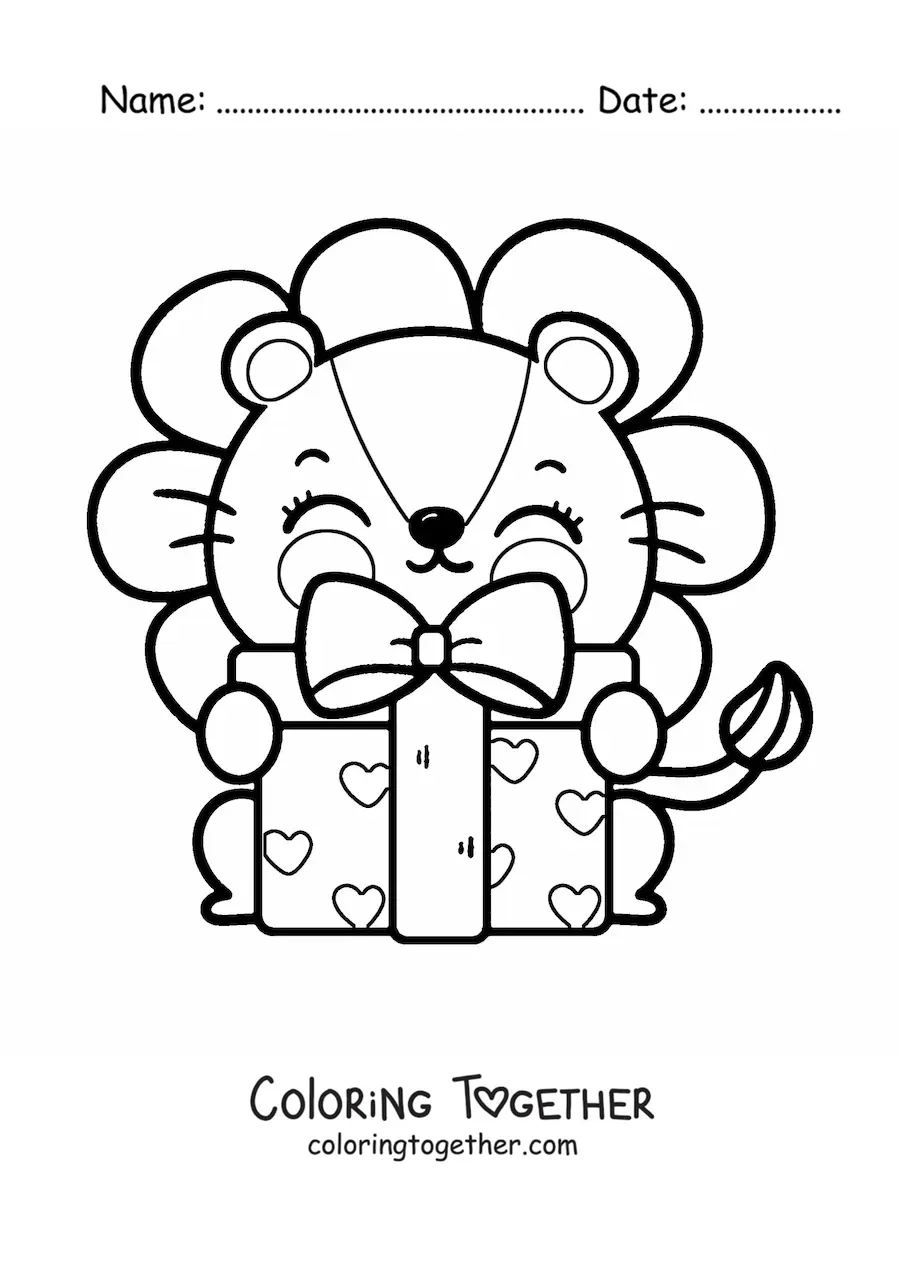 Coloring page of an animated kawaii lion with a birthday gift