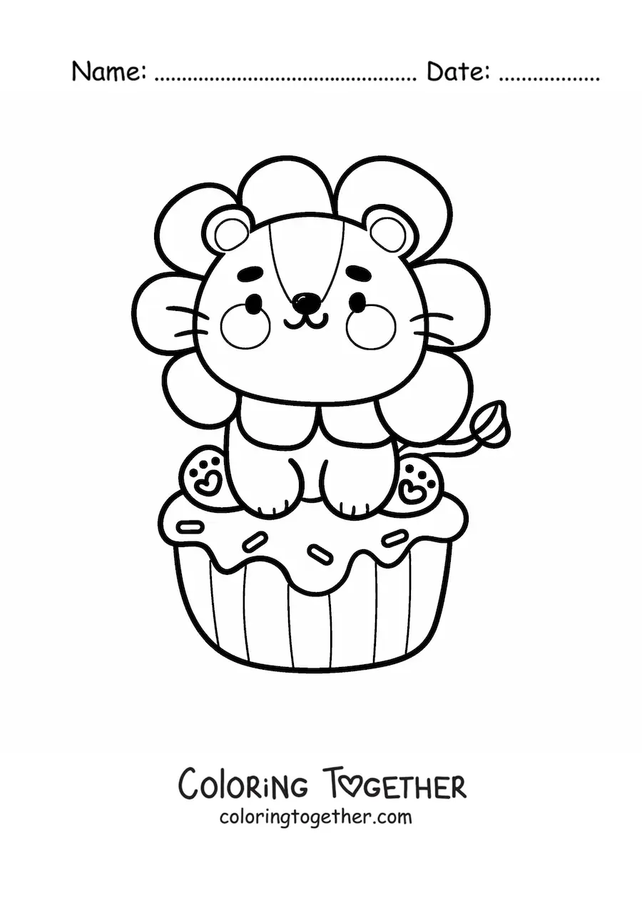 Coloring page of a cute animated lion on a birthday cupcake