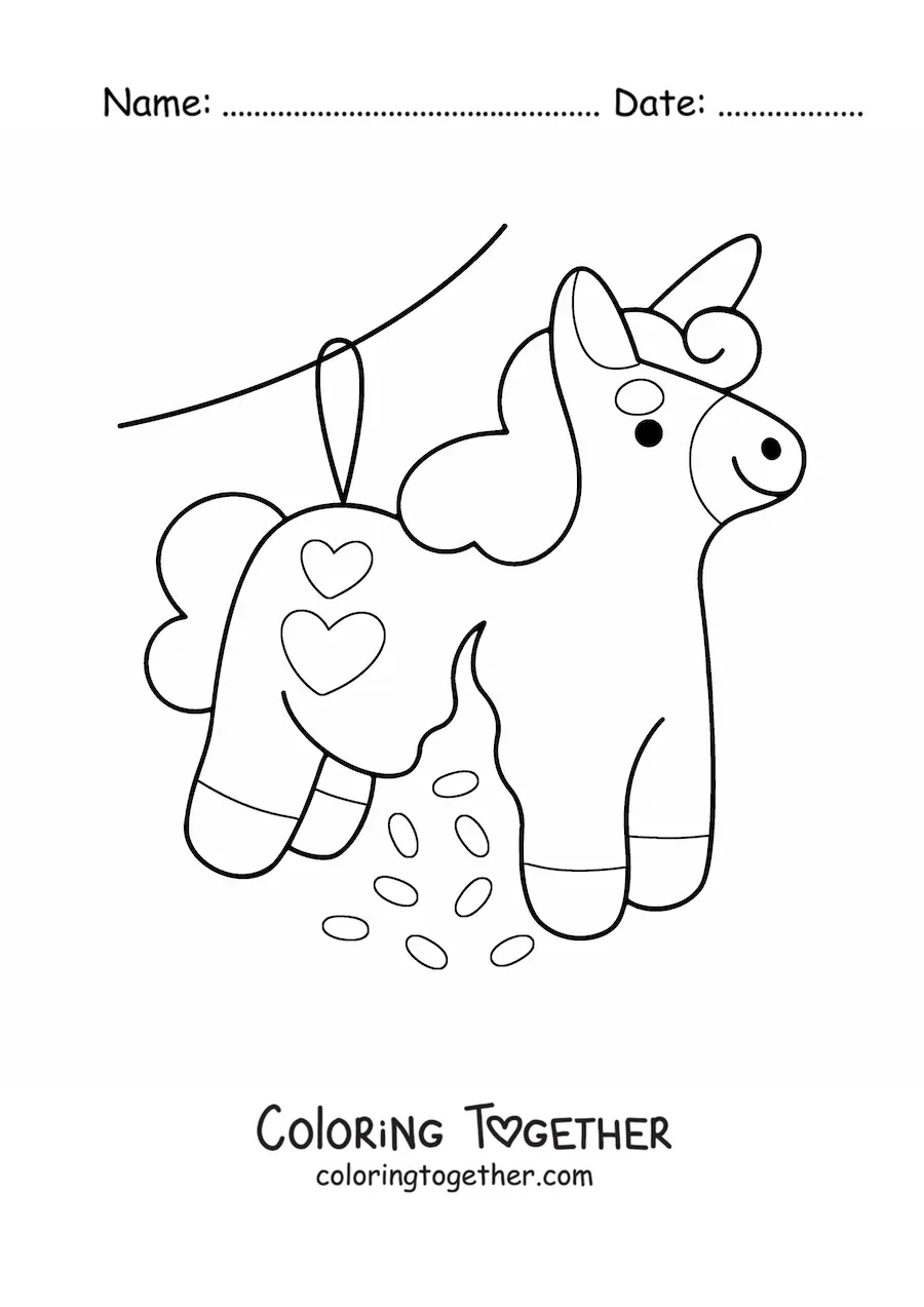 Coloring page of a kawaii unicorn birthday pinata